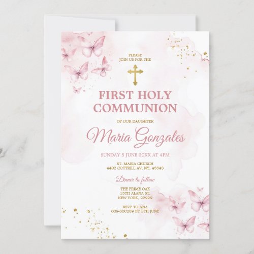 Pink Butterflies Gold Cross First Holy Communion Invitation