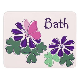 Pink Butterflies Green Purple Blooms Doodle Bath Door Sign