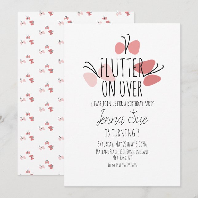 Pink Butterflies Hand Drawn Birthday Invitation (Front/Back)