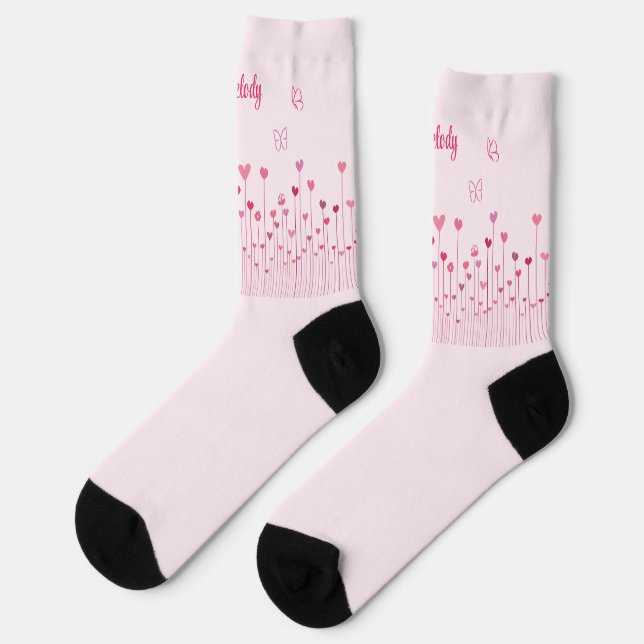 Pink Butterflies Hearts & Flowers Personalized Socks (Left)