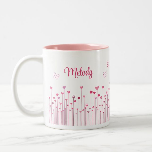 Pink Butterflies Hearts & Flowers Personalized  Two-Tone Coffee Mug (Left)