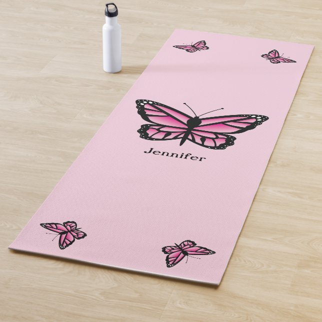 Pink Butterflies Illustration With Custom Name Yoga Mat (In Situ)