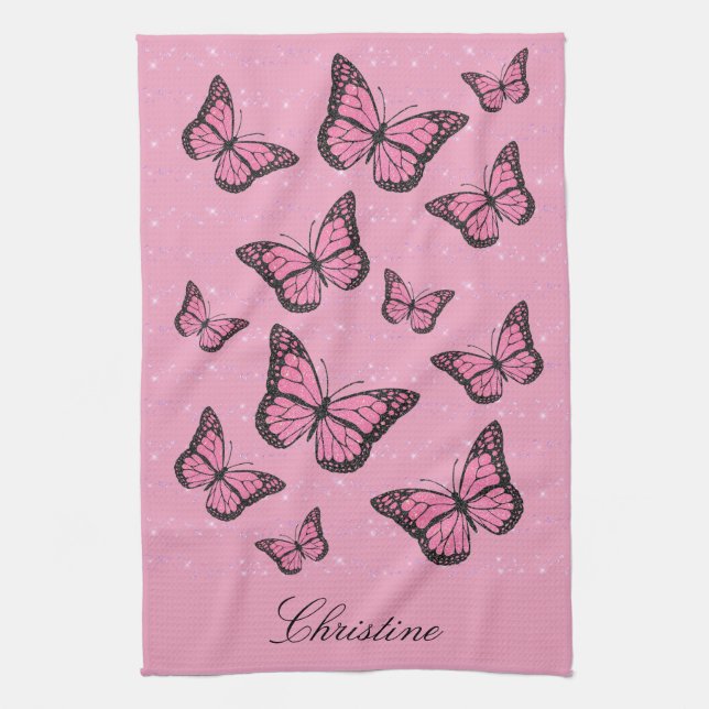 pink butterflies kitchen towel (Vertical)