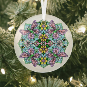 Pink Butterflies Mandala Christmas Glass Ornament