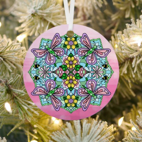 Pink Butterflies Mandala Christmas  Metal Ornament