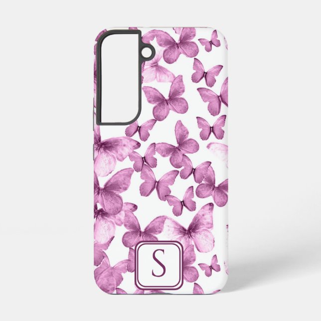 Pink Butterflies Modern Elegant Custom Monogram Samsung Galaxy Case (Back)