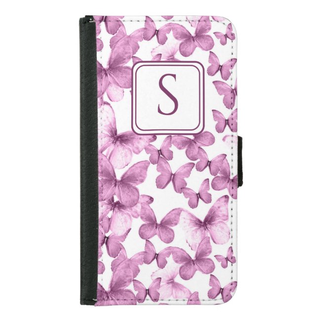 Pink Butterflies Modern Elegant Custom Monogram Samsung Galaxy Wallet Case (Front)