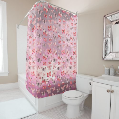 Pink butterflies on a purple summer sunset sky pat shower curtain