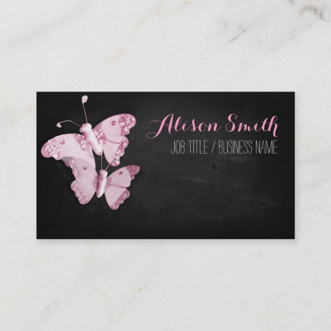 Pink Butterflies on black chalkboard Business Card (Front)