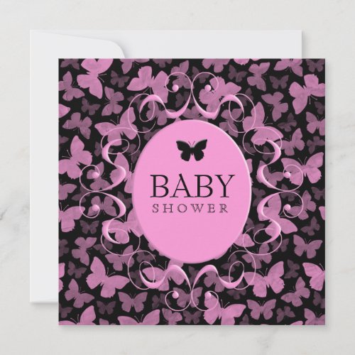 Pink Butterflies on Black Invitations