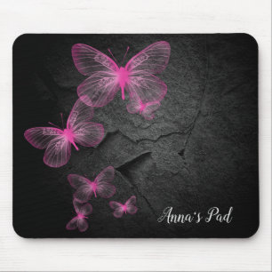 Pink Butterflies On Black Rock Mouse Pad