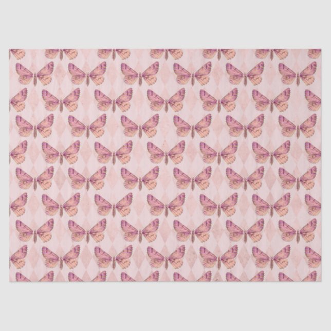 Pink Butterflies on Checkered Decoupage Tissue Paper (Front)