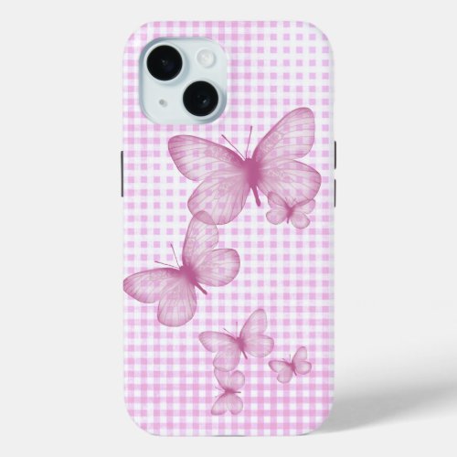 Pink Butterflies On Gingham iPhone 15 Case