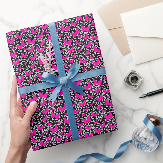 Pink Butterflies on plants Black BG Wrapping Paper (Gifting)
