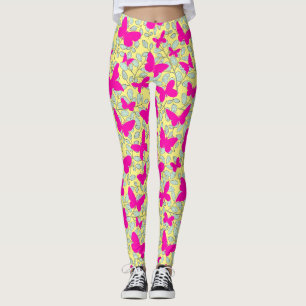 Pink Butterflies on plants Yellow BG Leggings