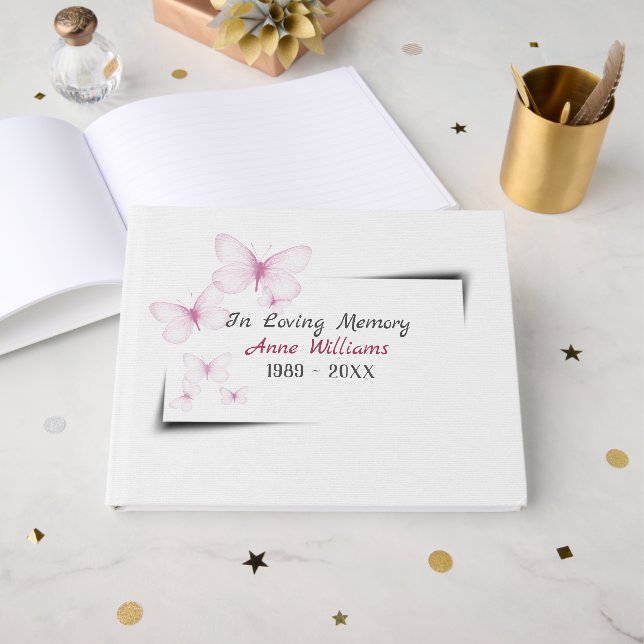 Pink Butterflies On White for Memorial Service Guest Book (Front Open)