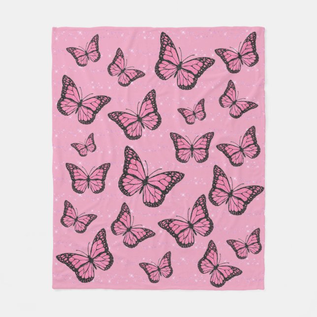 pink butterflies pattern fleece blanket (Front)
