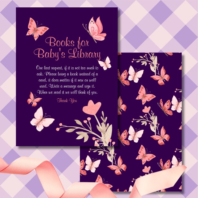 Pink Butterflies Purple Baby Shower Books for Baby Enclosure Card (Creator Uploaded)