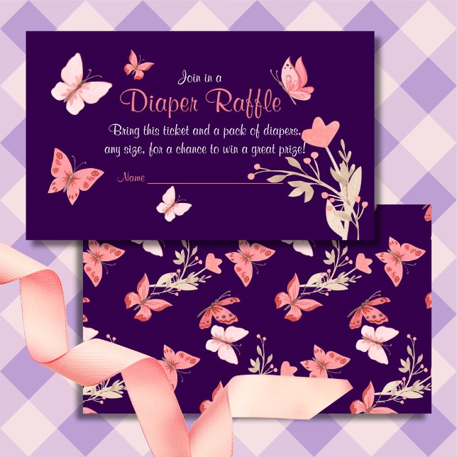 Pink Butterflies Purple Baby Shower Diaper Raffle Enclosure Card (Creator Uploaded)