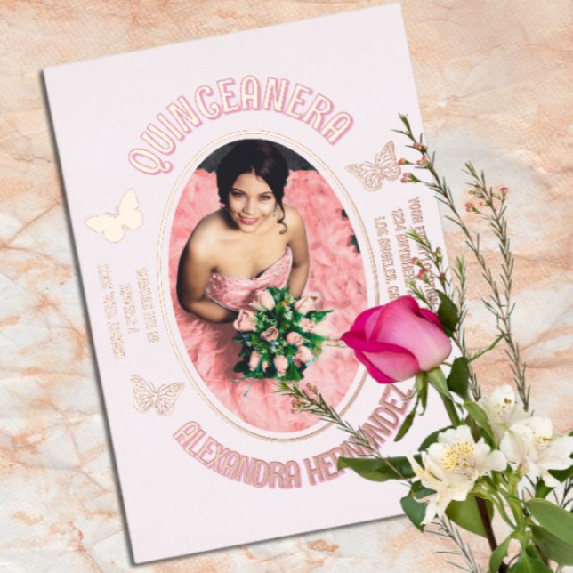 Pink Butterflies Quinceanera Foil Invitation (Creator Uploaded)