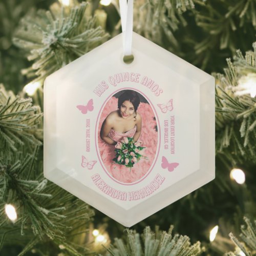 Pink Butterflies Quinceanera Glass Ornament