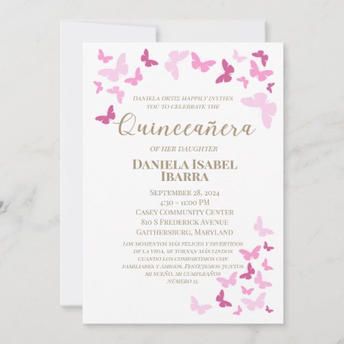 Pink Butterflies Quinceaera Gold Custom Invitation