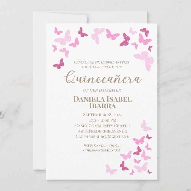Pink Butterflies Quinceañera Gold Lettering Invitation (Front)