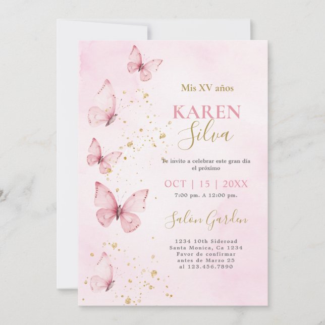 Pink Butterflies Quinceañera Invitation (Front)