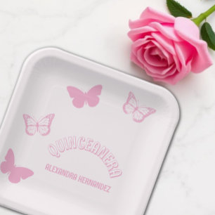 Pink Butterflies Quinceanera Paper Plates