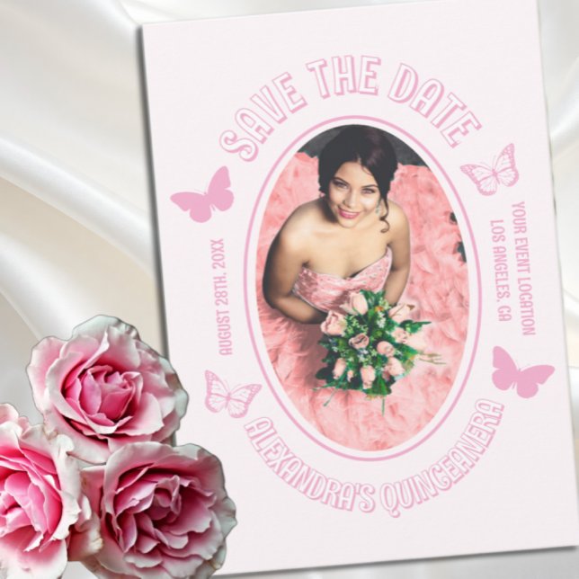 Pink Butterflies Quinceanera Save The Date (Creator Uploaded)