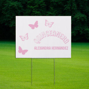 Pink Butterflies Quinceanera Sign