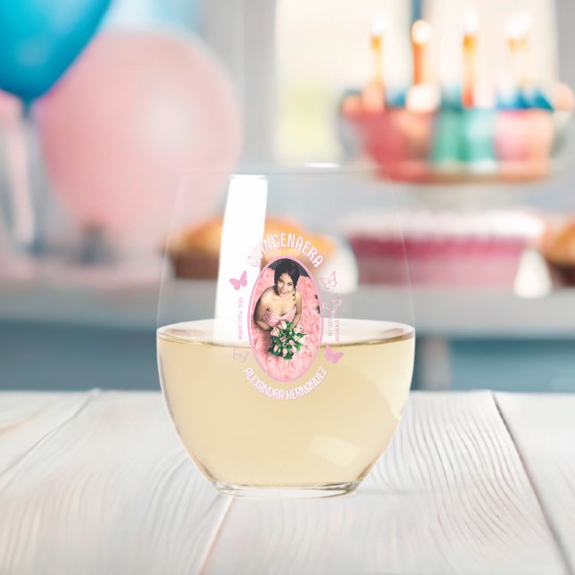 Pink Butterflies Quinceanera Stemless Wine Glass (Insitu (Baby Shower))