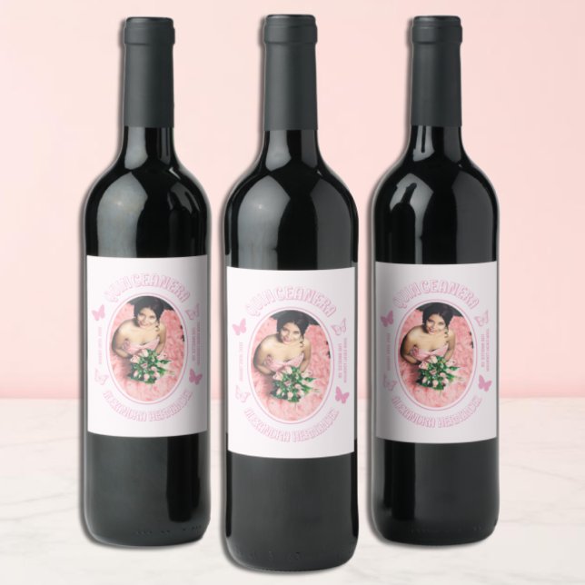 Pink Butterflies Quinceanera Wine Label (Creator Uploaded)