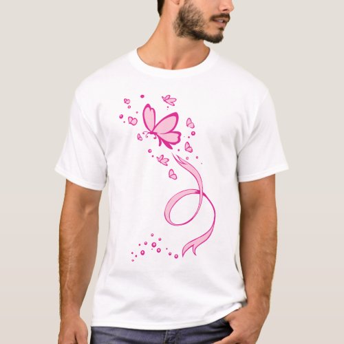 Pink Butterflies Ribbon Breast Cancer Awareness T_Shirt