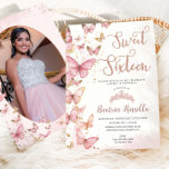 Pink Butterflies Sweet Sixteen 16 Birthday Photo Invitation<br><div class="desc">Personalize this pretty Sweet 16 birthday photograph / picture invitation easily and quickly. Simply click the Edit Using Design Tool button to further  edit the texts,  change fonts and fonts colors. Featuring pretty fluttering butterflies and rose gold accents. Matching items available in store. (c) Somerset Fine Paperie</div>