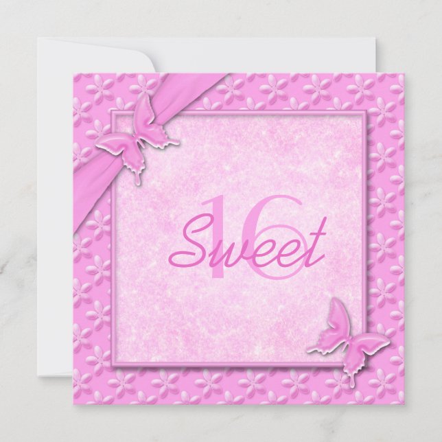 Pink Butterflies Sweet Sixteen Invitation (Front)