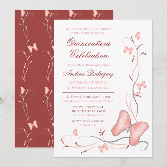 Pink Butterflies & Swirls Quinceanera Invitation (Front/Back)