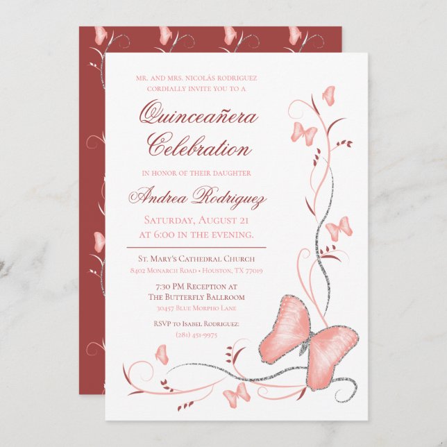 Pink Butterflies & Swirls Quinceanera Invitation (Front/Back)