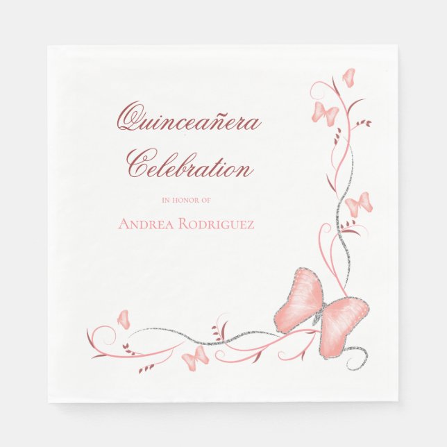 Pink Butterflies & Swirls Quinceañera Napkins (Front)