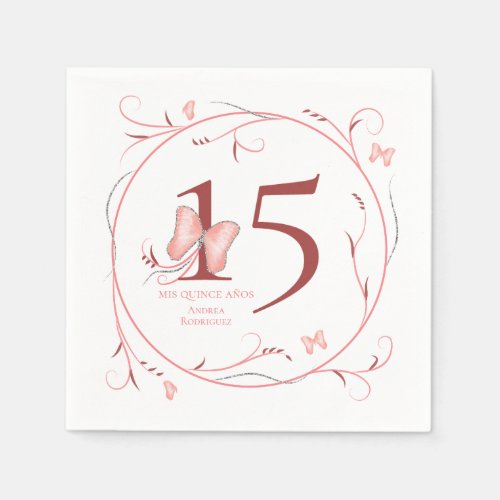 Pink Butterflies  Swirls Quinceaera Napkins