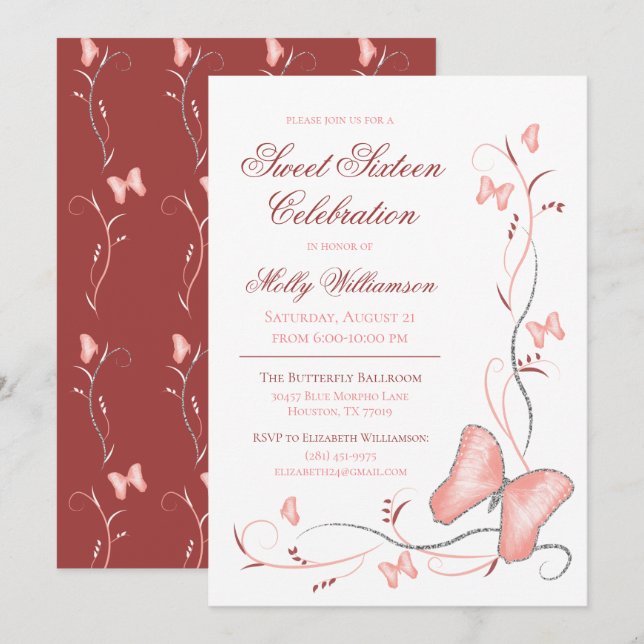 Pink Butterflies & Swirls Sweet 16 Invitation (Front/Back)