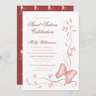 Pink Butterflies & Swirls Sweet 16 Invitation