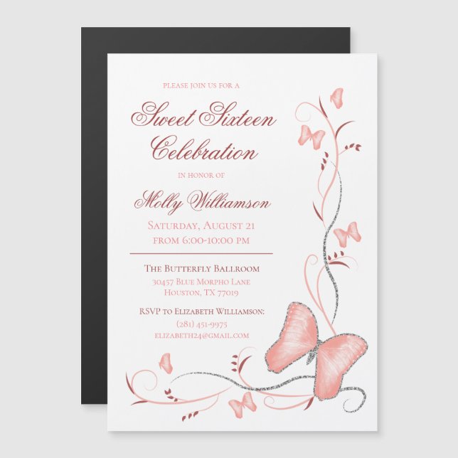 Pink Butterflies & Swirls Sweet 16 Magnetic Invitation (Front/Back)