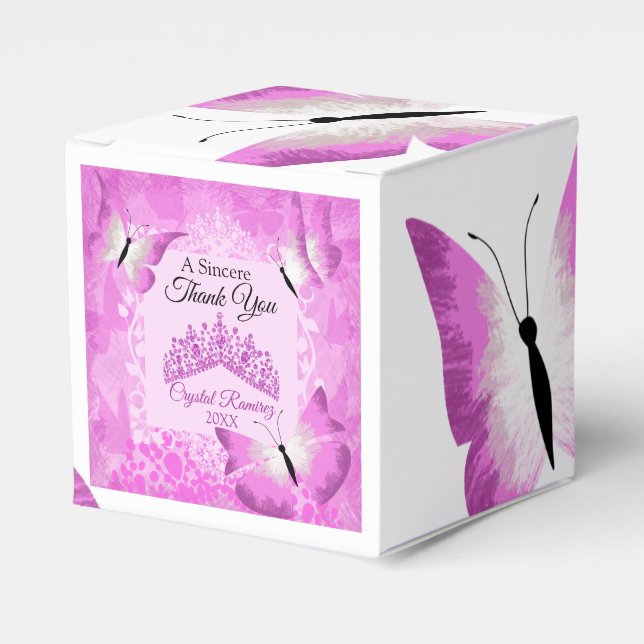 Pink Butterflies, Tiara Quinceanera Favor Boxes (Front Side)