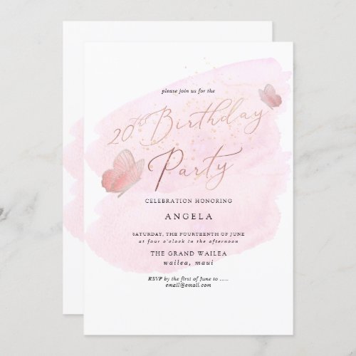 Pink Butterflies Watercolor Champagne 20 DIY YEAR Invitation