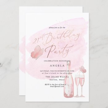 Pink Butterflies Watercolor Champagne 21 Diy Year Invitation by custom_stationery at Zazzle