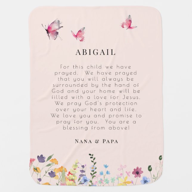 Pink Butterflies & Wildflowers Prayer for Child II Baby Blanket (Front)