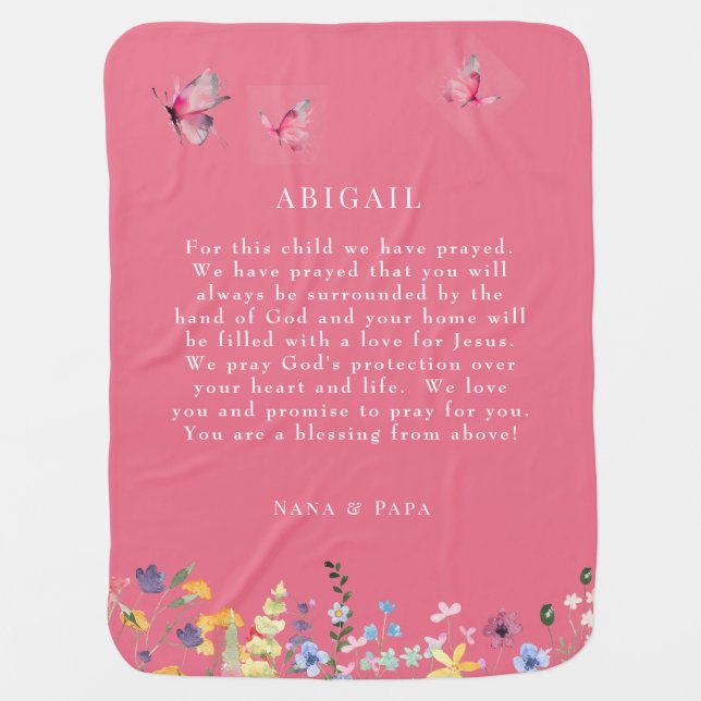 Pink Butterflies & Wildflowers Prayer for Child II Baby Blanket (Front)