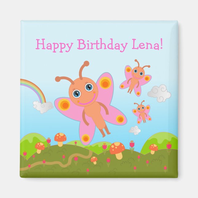 Pink butterflies wishing Happy Birthday Magnet (Front)