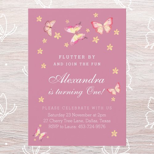 Pink Butterfly 1st Birthday Baby Girl One Party Invitation